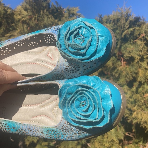 L’Artiste by Spring Step Carmelita Blue Leather Floral Pump Heel Women’s Size 41 - Picture 5 of 11